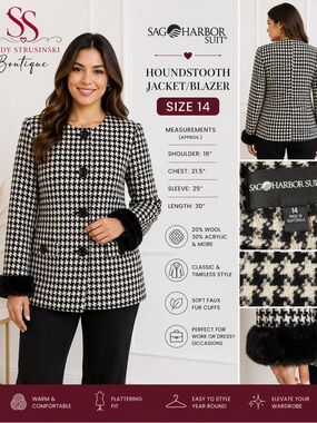 Sag Harbor Suit Houndstooth wool Blazer Jacket Faux Fur Cuffs Classic Chic/14